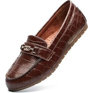DeYashopin Womens Size 6 Brown Faux Leather Gold Accent Slide On Loafer Shoes